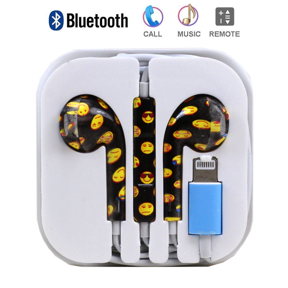 Bluetooth WIRED Lightning Design Earbuds for Apple iPHONE (Emoji Faces)